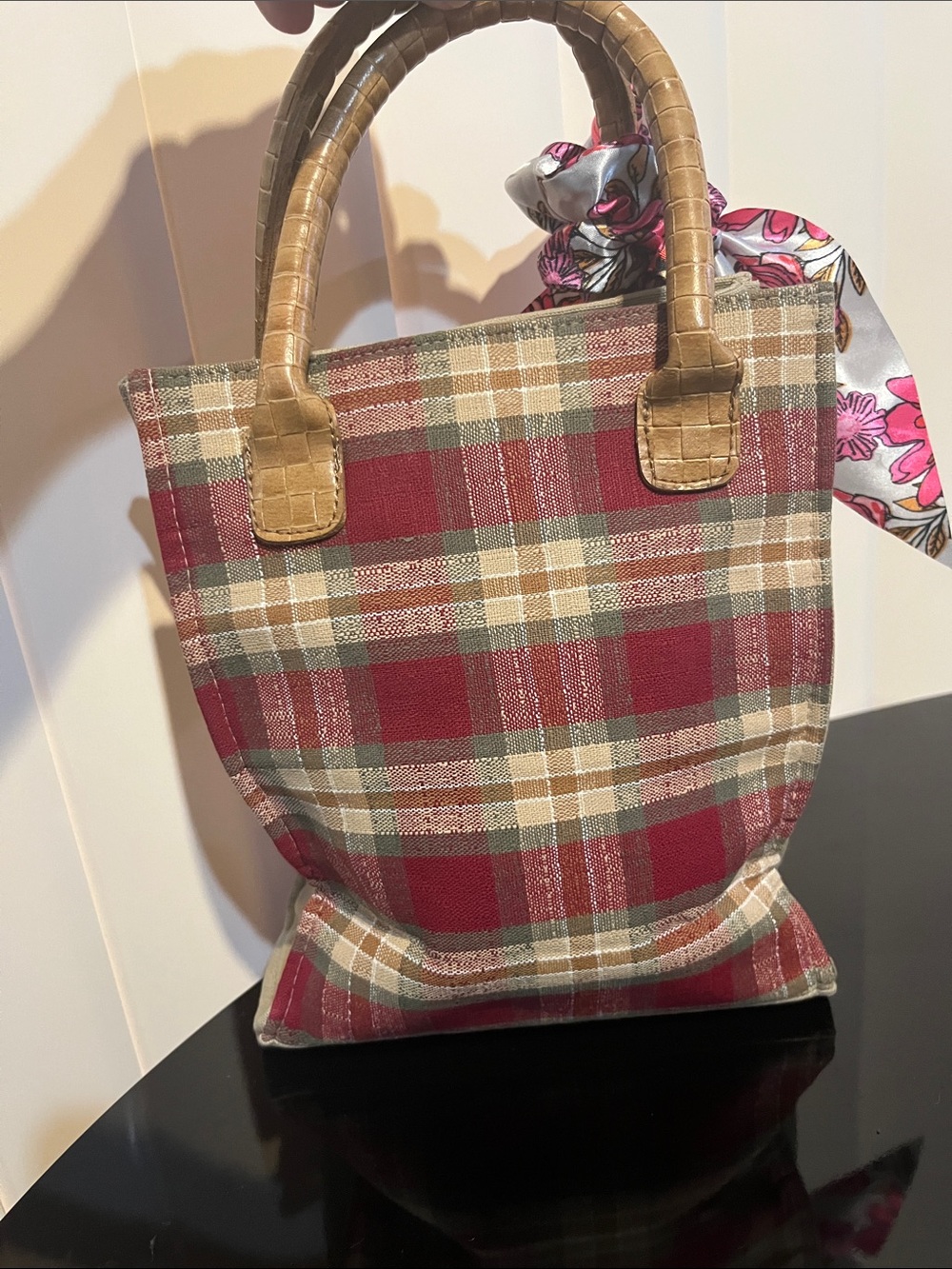 Plaid  Tote with Burgundy Plaid and Multicolor Scarf - Picture 2 of 6